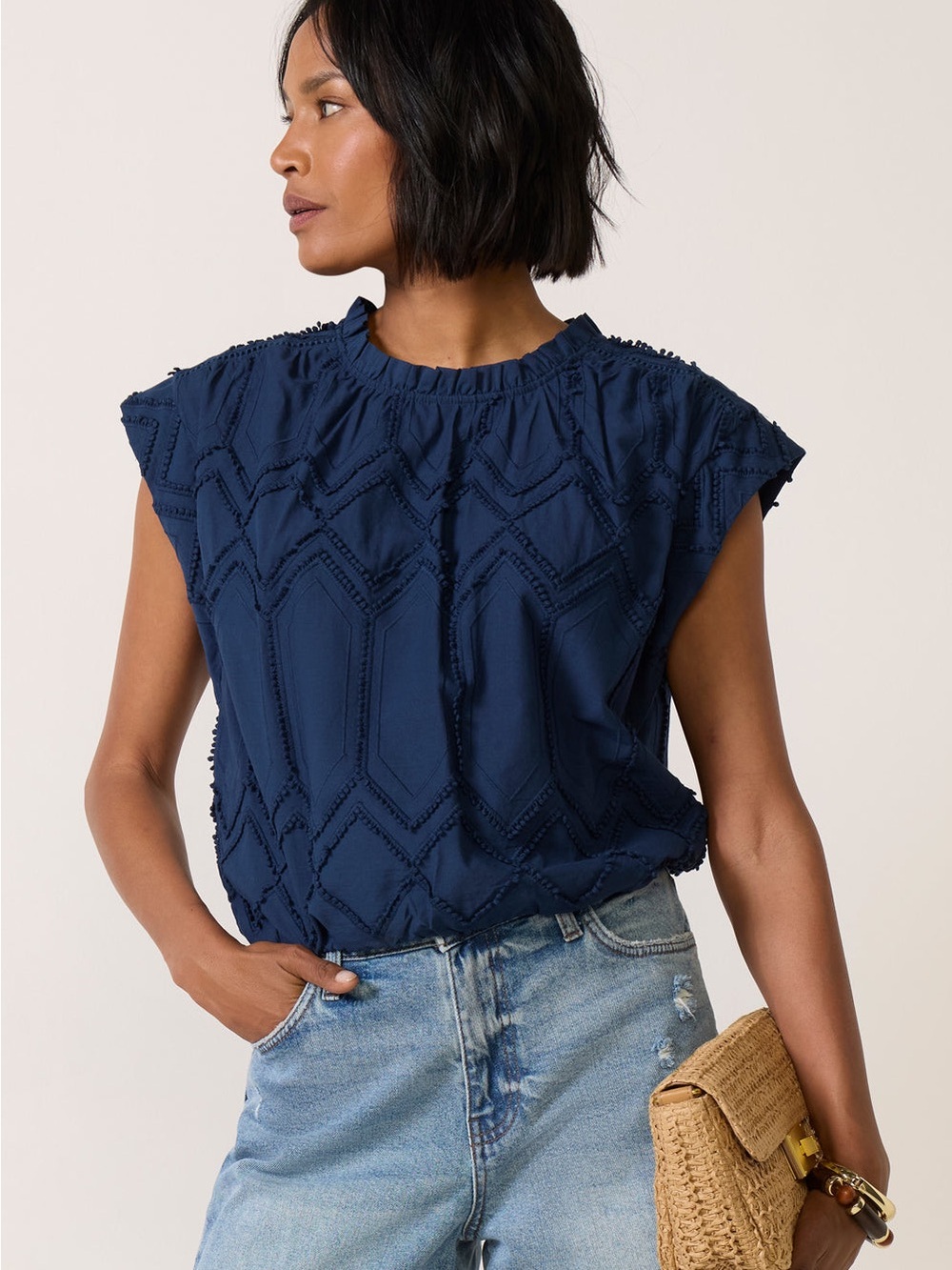 MELISSA NEPTON Navy Textured Cap Sleeve Blouse